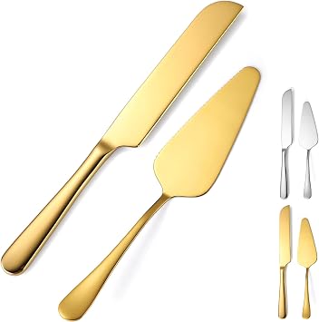 Wedding Cake Knife and Server Set, 2Pcs Stainless Steel Cake Cutting Set, Gold Cake Cutter and Cake Server for Wedding, Birthday, Party, Christmas