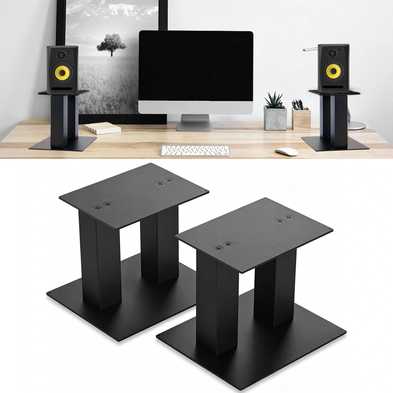 2 supporti audio da scrivania, altezza 25 cm, in metallo, con cuscinetti antiscivolo e ammortizzanti, per computer e librerie (nero)