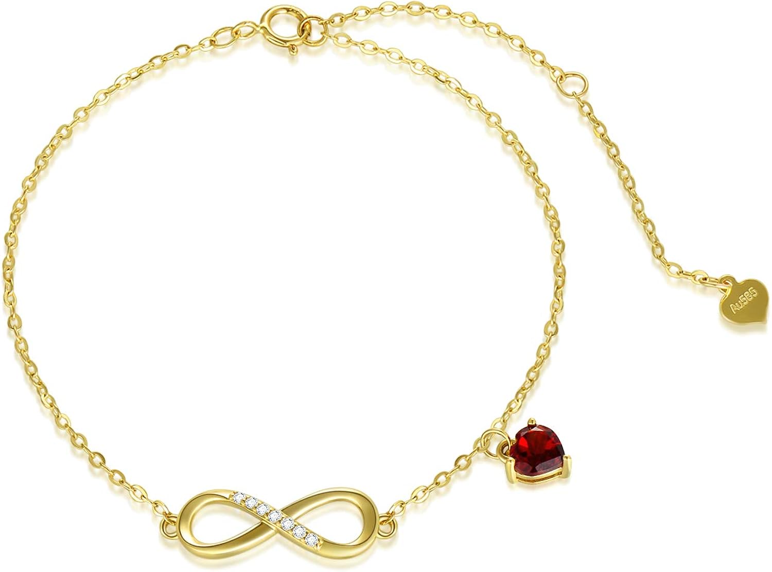 SISGEM Women's Gold Infinity Bracelet, 9ct Solid Gold Infinity Chain Bracelets with Red Heart Cubic Zirconia
