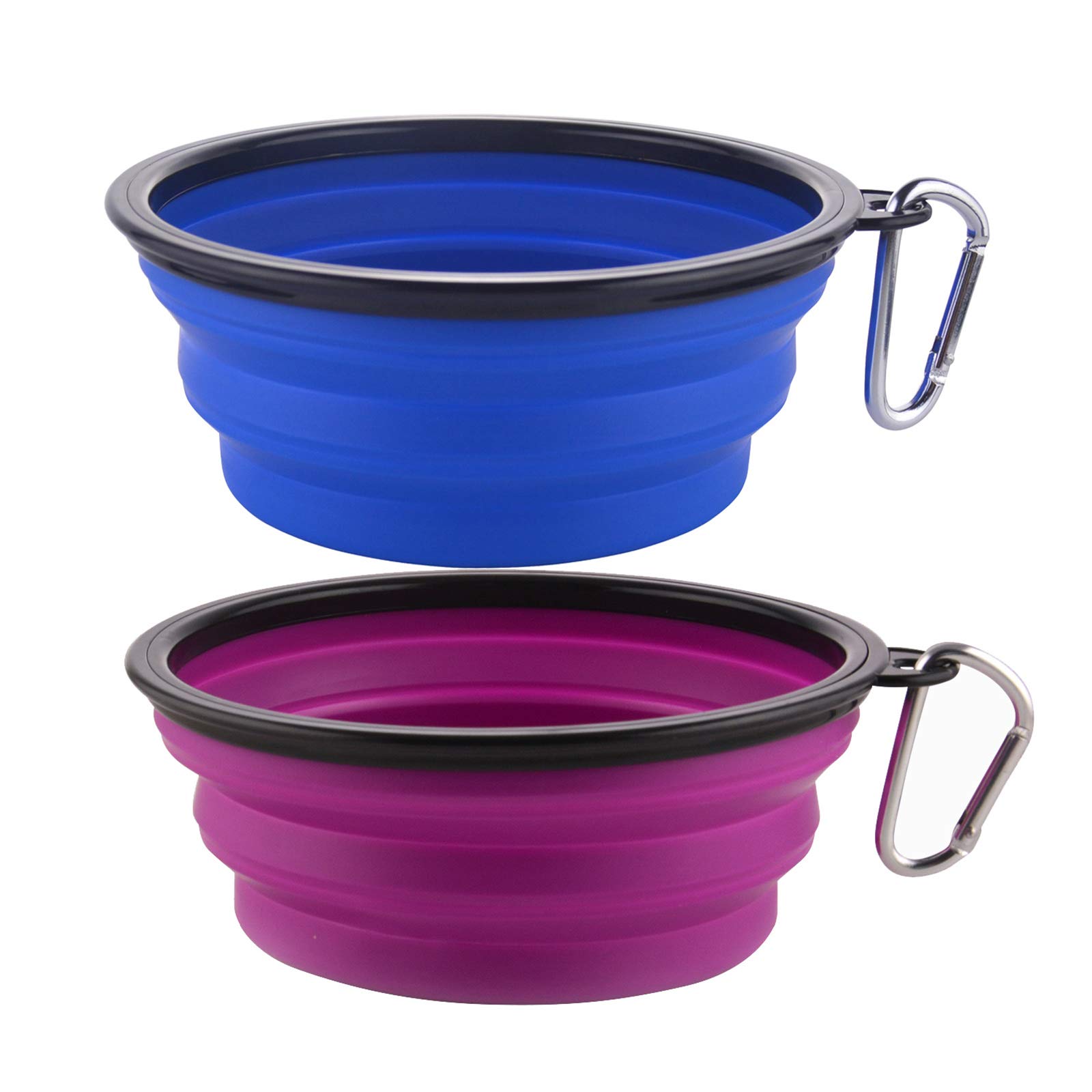Guardians Large Collapsible Dog Bowls, 34oz Travel Water Food Bowls Portable Foldable Collapse Dishes with Carabiner Clip, 2 Pack (Blue + Purple)