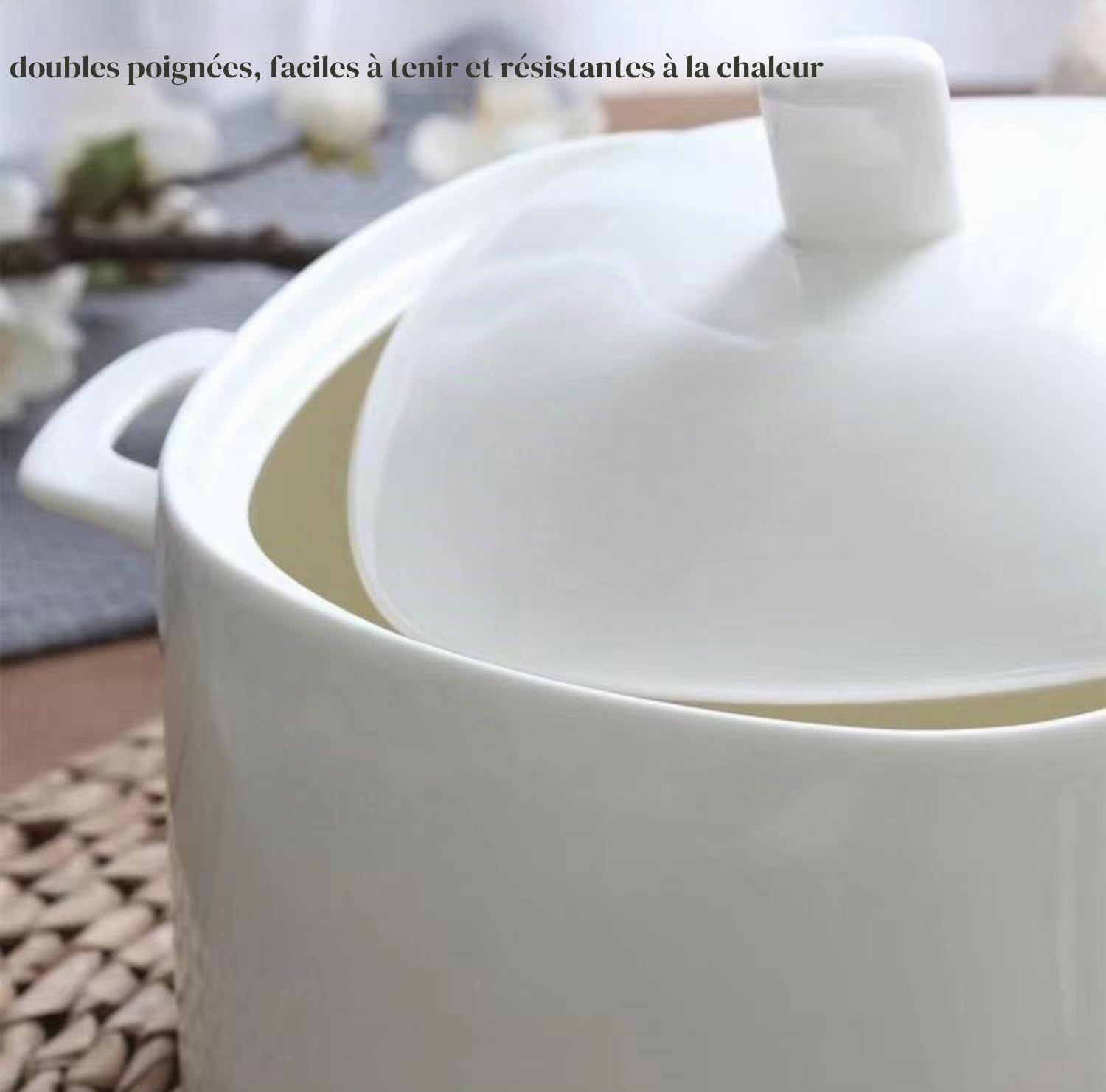Tureen - Soupe en porcelaine d'os avec couvercle et louche, grand bol en céramique de 3 000 ml avec couvercle pour fête, salle à manger, décoration de la maison, passe au micro-ondes