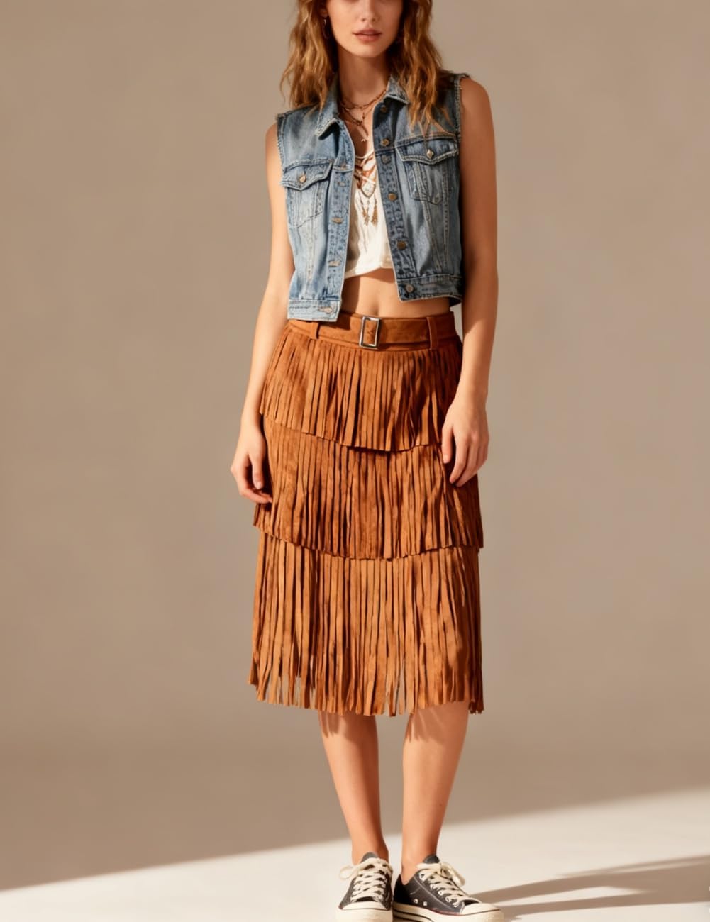 Apocrypha Womens Boho Fringe Faux Suede Western Outfits Country Concert Tassel Cowgirl Trendy Casual Skirt