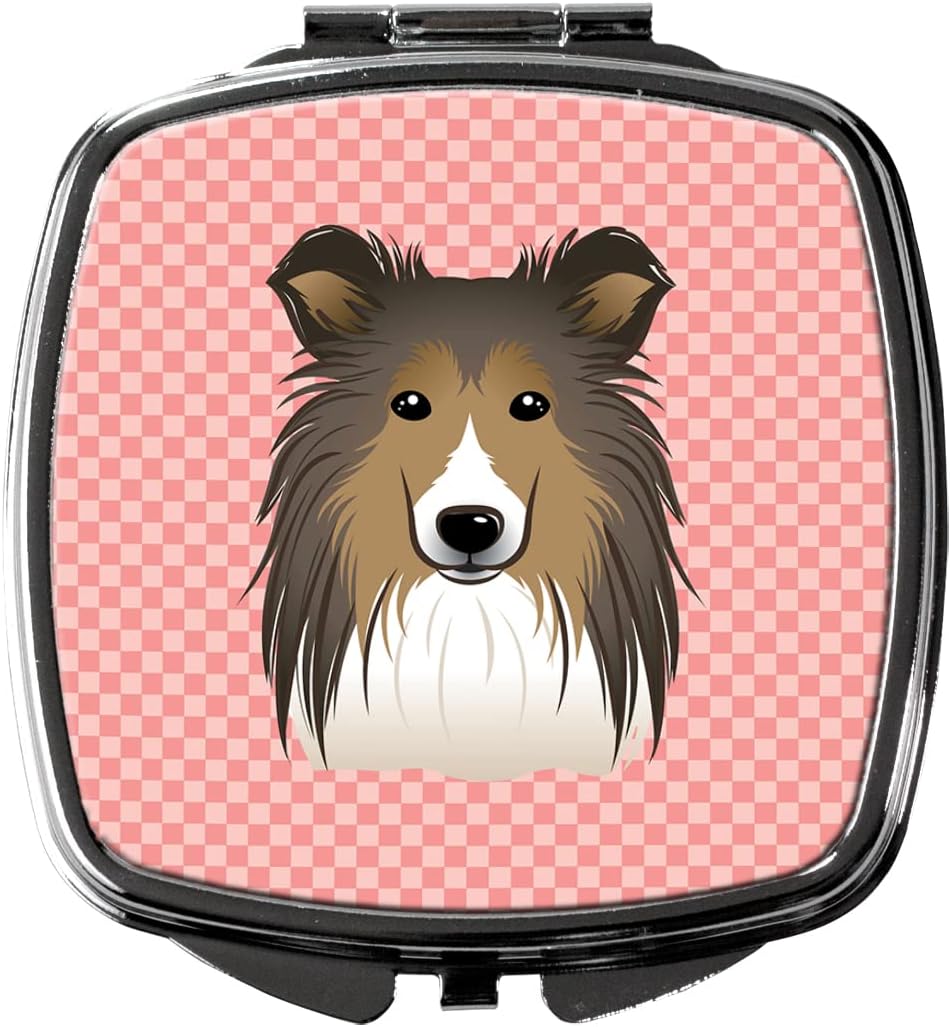 Caroline's Treasures BB1242SCM Checkerboard Pink Sheltie Compact Mirror Decorative Travel Makeup Mirror for Women Girls Gifts Pocket Makeup Mirror Folding Handheld