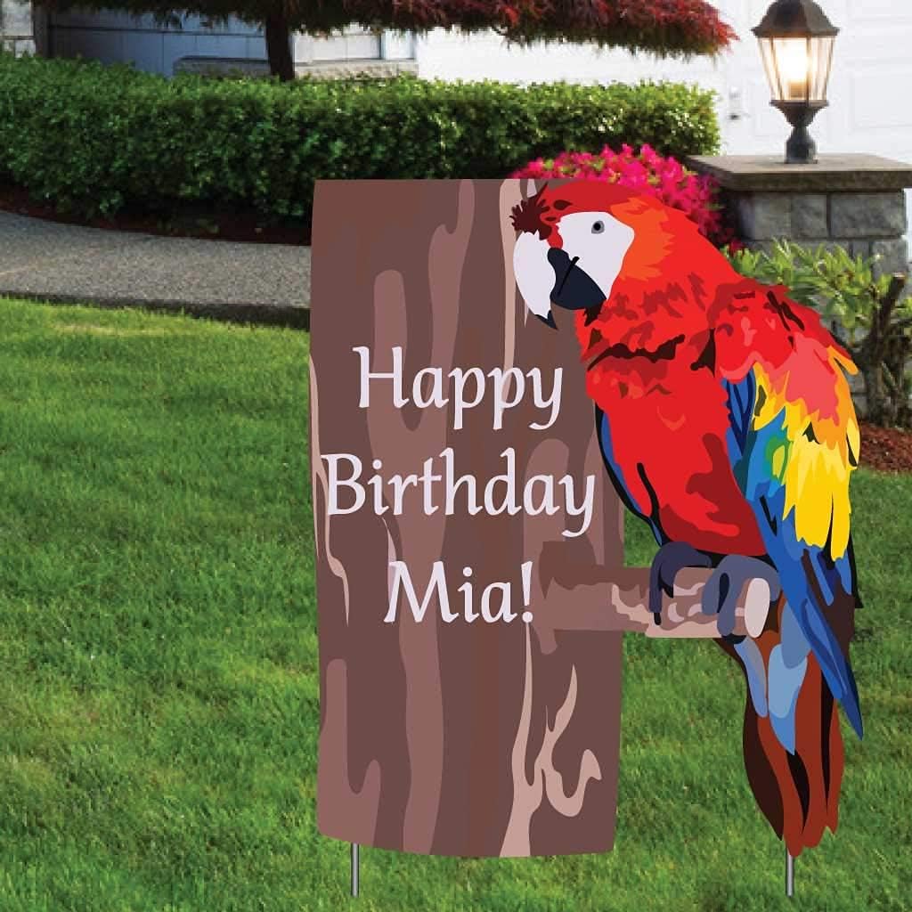 VictoryStore Birthday Yard Decorations - Custom Parrot Birthday Party Yard Sign - Parrot Birthday Welcome Sign 17 inches X 22.5 inches Includes 2 Stakes