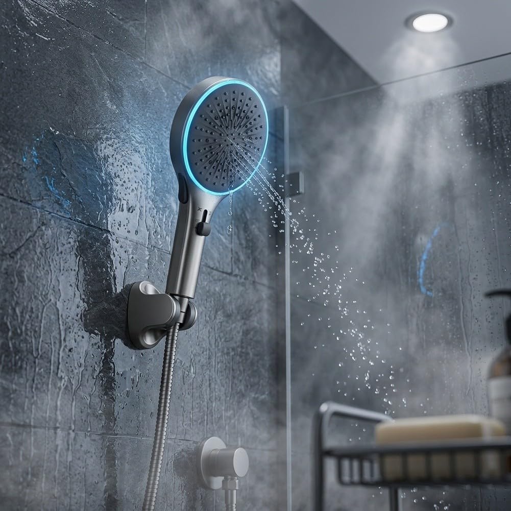 Cabezal para ducha Mano LED Alta Presión 3 Modos Gris Cabezal