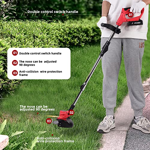 Weed Wacker Cordless Weed Eater,3-In-1 Lightweight Push Grass String Trimmer Edger,21V Li-Ion Battery Powered,3 Lawn Tools With Lightweight Wheeled For Home Garden Yard Mowing（Red） #TOP4