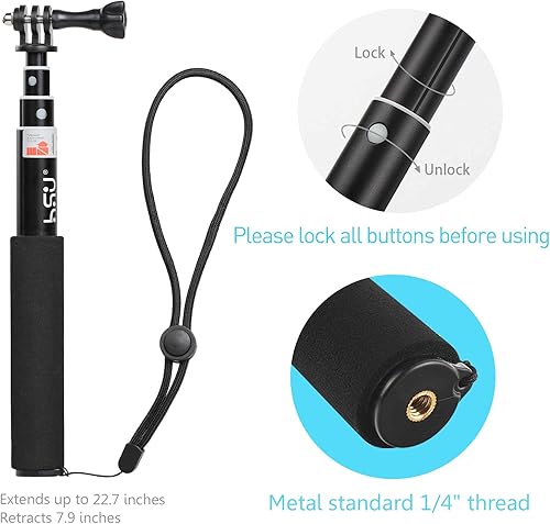 Miniatura 6 de HSU Estuche de transporte pequeño y palo selfie impermeable para GoPro Hero 10/9/8/7/6/5/4, monopie de mano compatible con teléfonos celulares,