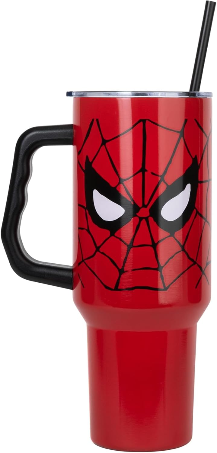 Silver Buffalo Marvel Spider-Man Double Walled Stainless Steel Tumbler with Handle and Straw, Fits in Standard Cup Holder, 40 Ounces - Image 2