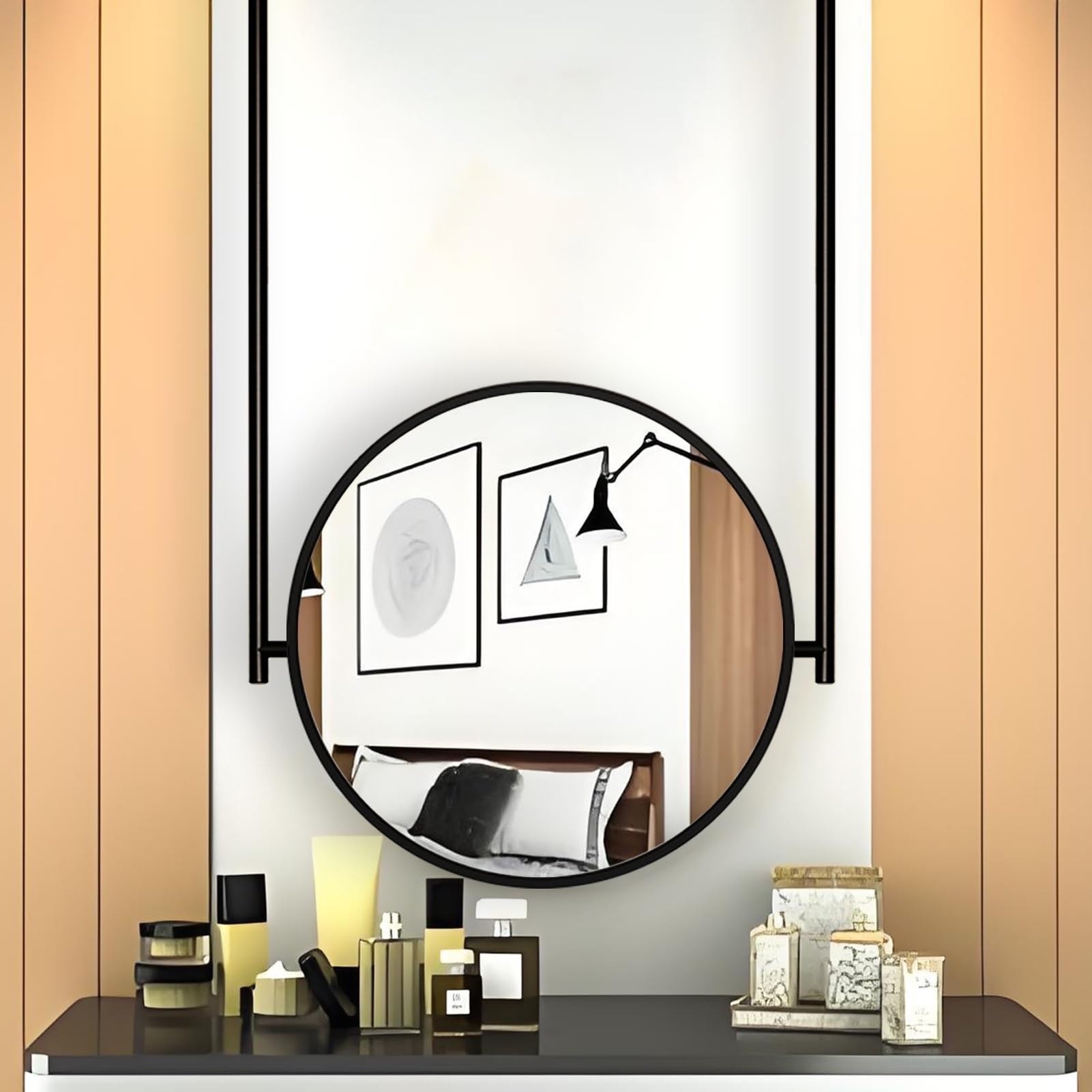 FGXHHS Circle Mirrors Black Metal Frame, Ceiling Hanging Decorative Mirror, Customizable Boom Mirror for Bedroom/Bathroom/Cloakroom, Vertical Mount HD Mirrors(Diameter-50CM/19.7INCH)