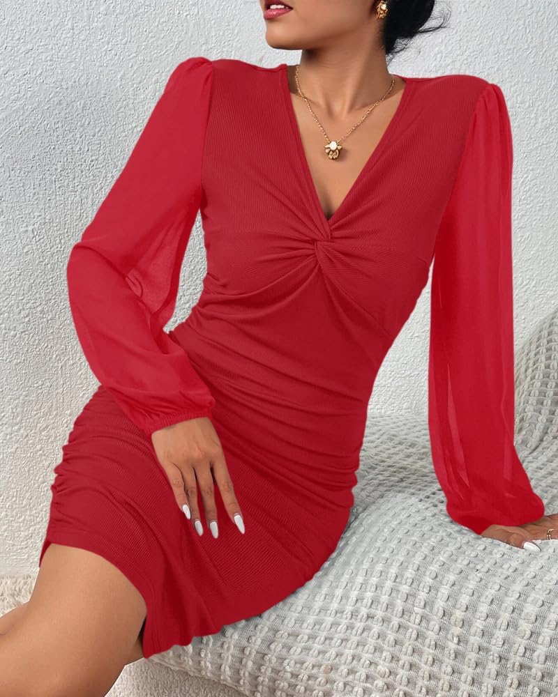 Fisoew Women's V Neck Party Dresses Slim Fitted Long Sleeve Twist Knot Ribbed Mini Club Bodycon Dress - Image 4