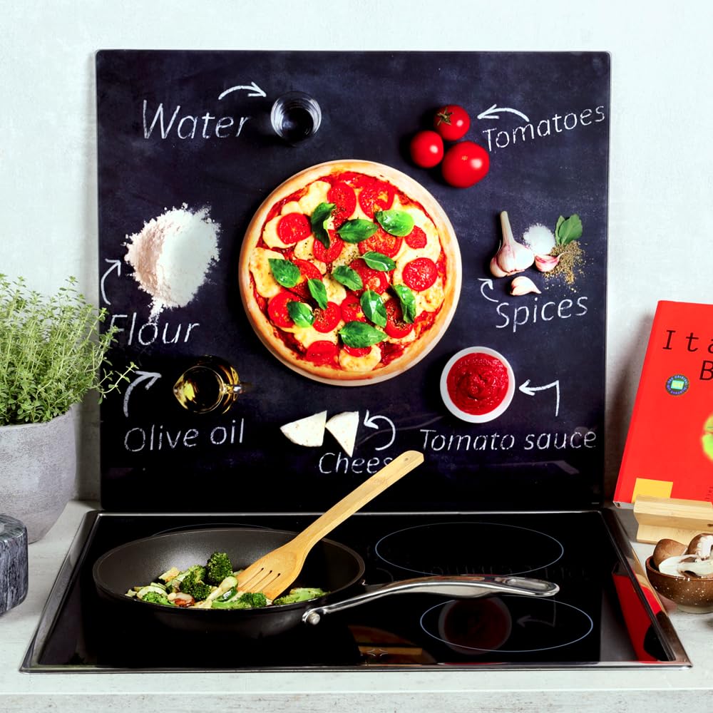 Kesper Plaque de découpe/plaque de recouvrement de poêle/panneau de poêle, matériau : verre de sécurité ESG, dimensions : 56 x 50 x 0,8 cm, motif : pizza, couleur : gris, rouge, 36598 13