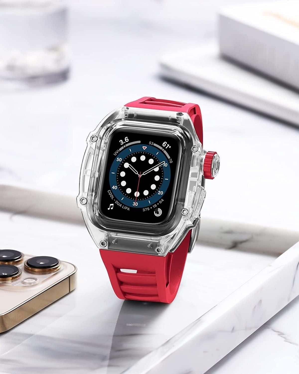 Clear Watch Case Fluorine Rubber Strap Mod Kit，For Apple Watch 45mm Series 8 7，Fully Transparent Bezel Bracelet Retrofit Set，For Iwatch 44mm SE 6 5 4