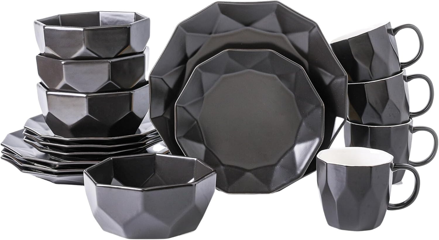 Stone + Lain Jamie Porcelain 16-Piece Geometric Dinnerware Set, Black