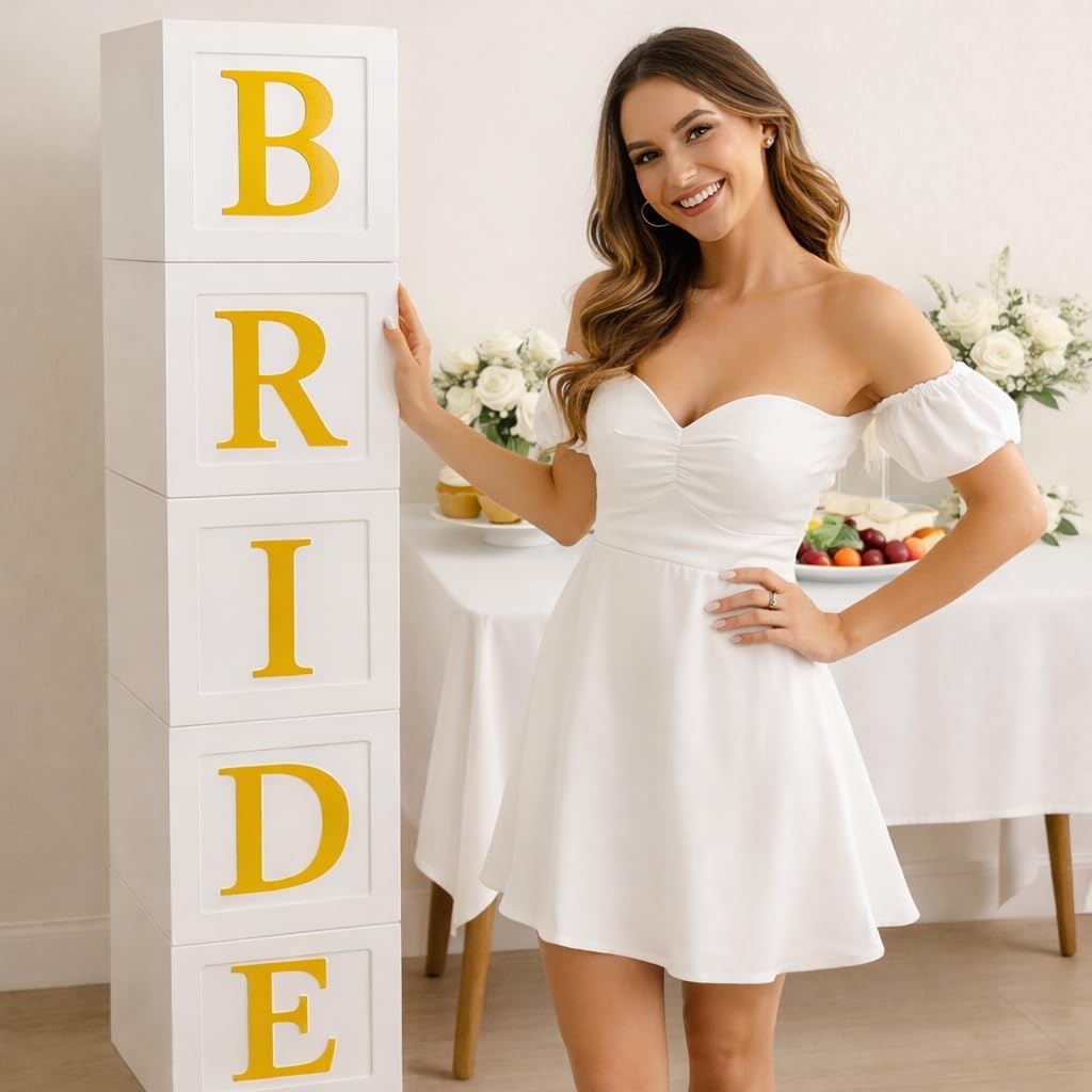 Bride Decorative White Bridal Shower Boxes with Gold Letters, Wedding Party Gift Container Display, Bachelorette Party Supplies, Bridal Shower display