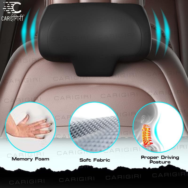 Image of Carigiri 4-way Adjustable Car Neck Rest NeckXpert Pro | 1 Year Warranty |Memory Foam Neck Pillow with Mobile Holder and Multi-utility hook, Car Seat Head Rest Cushion for Neck Support(Black,Pack of 1)