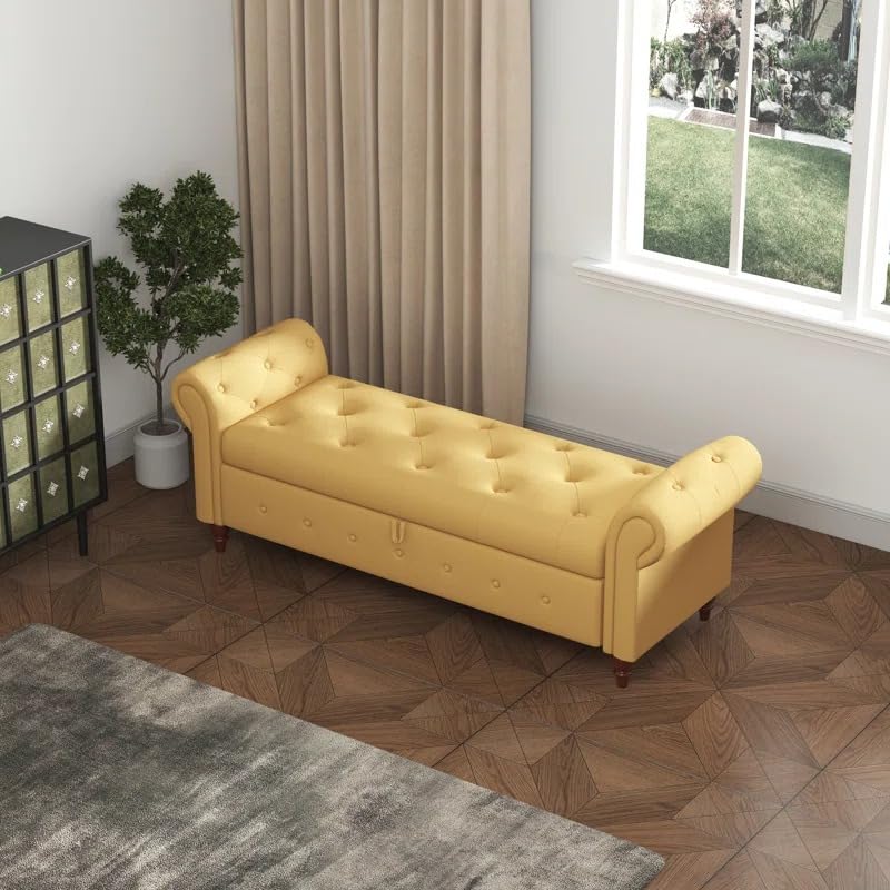 Image of LEGACY OF COMFORT F4 Velvet Upholstered Storage Bench Sofa Bench Sofa couches Rolled Arm Window Bench Ottoman Bench 2 Seater Sofa Chaise Lounger or Living Room Bedroom Office (Yellow Velvet)