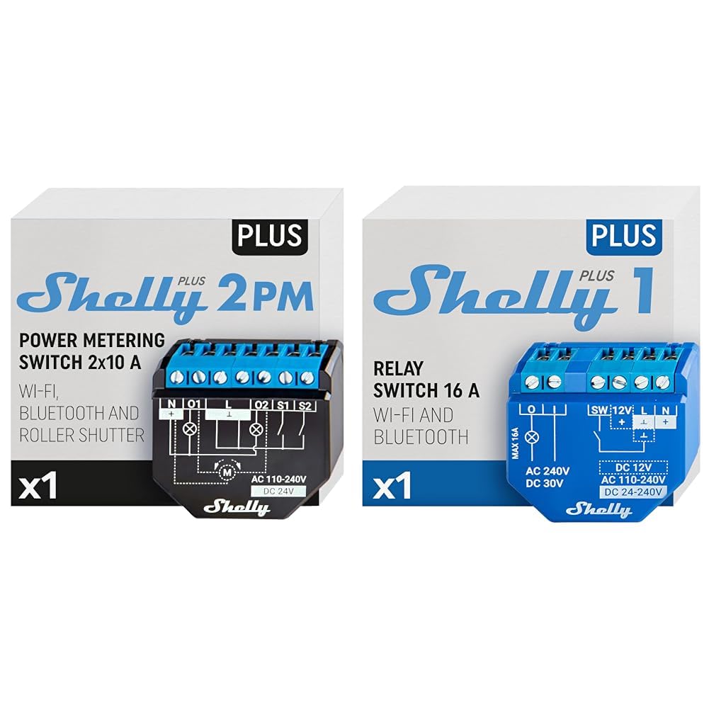 Shelly Plus 2PM, Interruttore a Relè 16A, Wi-Fi e Bluetooth, Misuratore di Potenza & Plus 1, Relè interruttore intelligente, Wi-Fi & Bluetooth, Contatti a potenziale zero