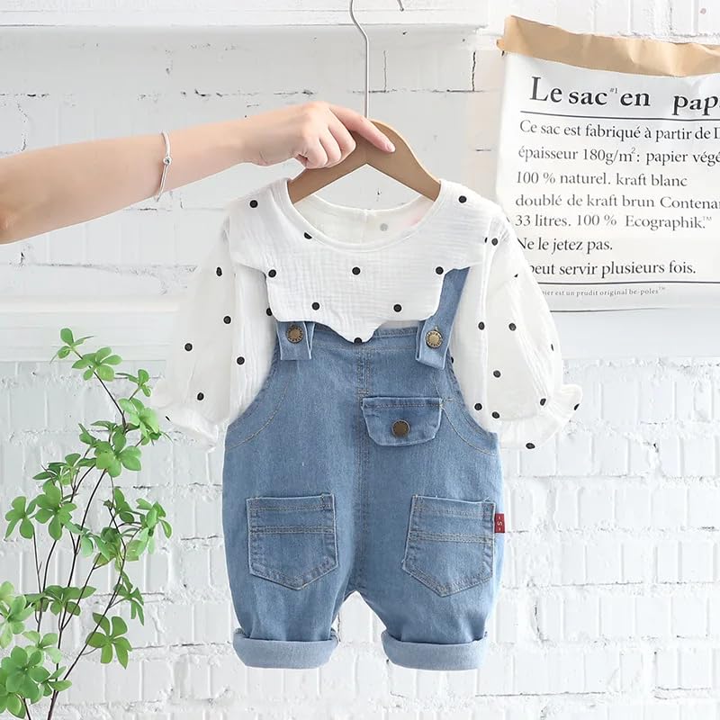 Image of Bold N Elegant Girls Polka Dot Top with Denim Dungaree Clothing Set