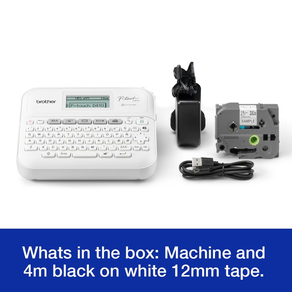 Brother PT-D410 Stampante per etichette desktop versatile | Etichettatrice desktop P-Touch | Tastiera QWERTY | Etichette altamente resistenti fino a 18 mm di larghezza, spina UK