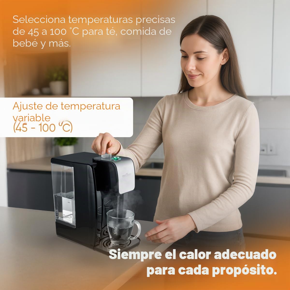 ProfiCook PC-HWS 1168 - Dispensador de agua a alta velocidad (100 °C, aprox. 3 segundos, ajuste de temperatura variable de 45 °C a 100 °C, hasta 2,2 litros de capacidad, inserto de acero inoxidable.