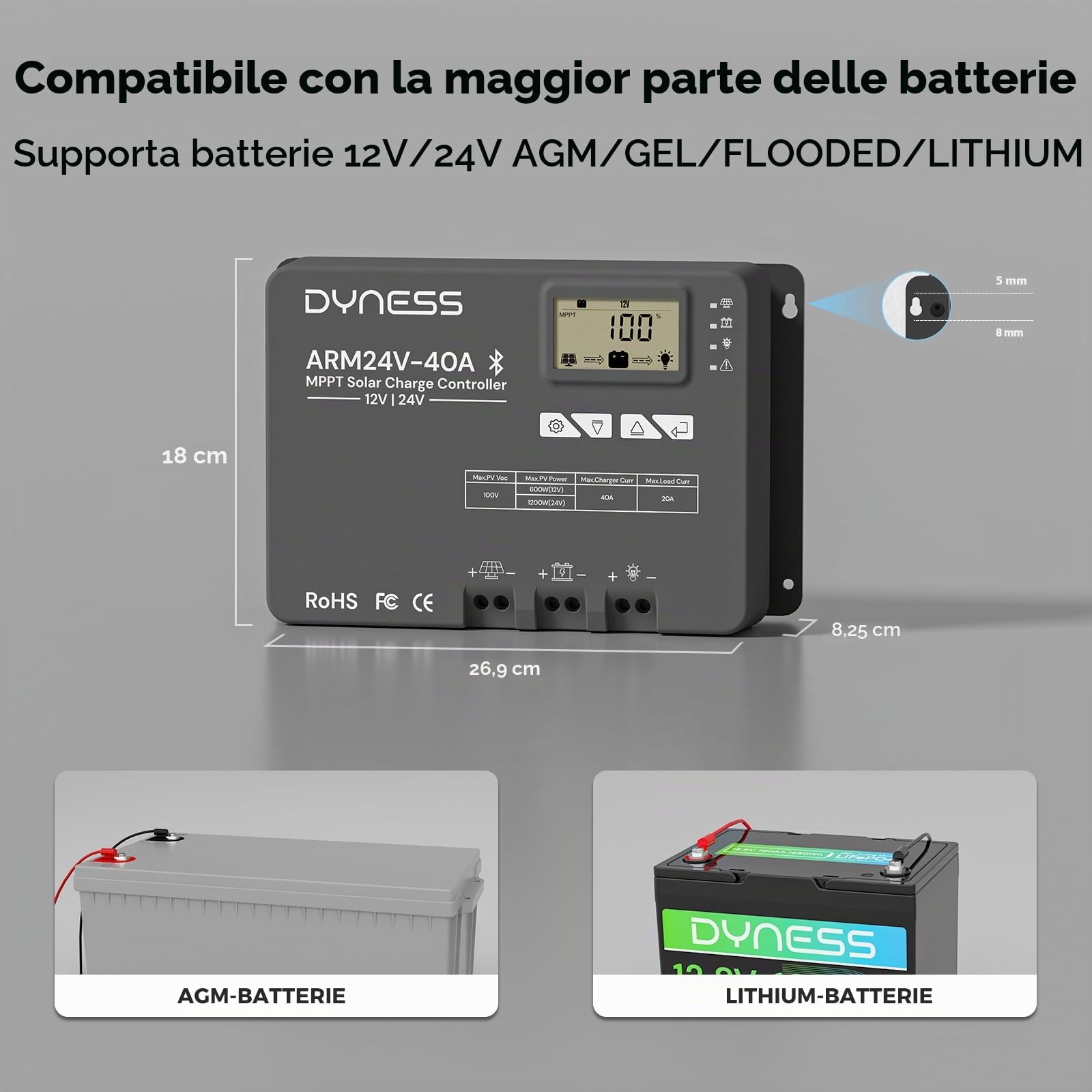 Dyness MPPT Regolatore di Carica Solare 100V 40 Amp 12V 24V Auto, Bluetooth, Display LCD, Impianti Solari e Batterie SLA, GEL, FLD, AGM, Li