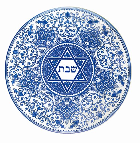 Spode Judaica Round Challah Tray, Traditional Blue & White Floral Star of David Design - Shabbat & Jewish Holiday Serving Plate for Bread, Pastries & Fruit - 11.5-Inch Fine Porcelain, Dishwasher Safe