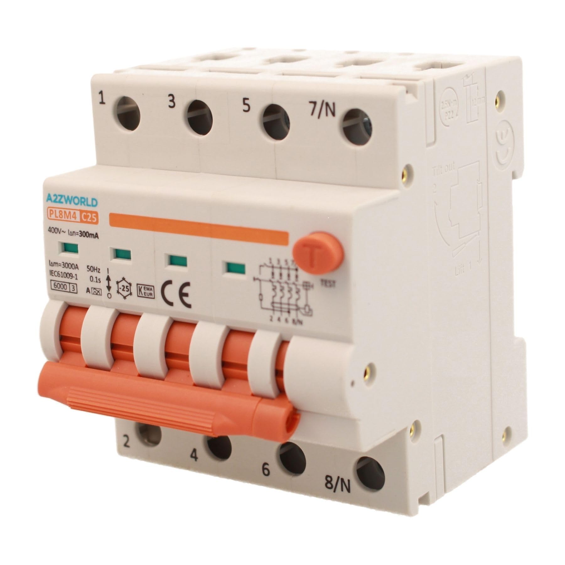 Interruttore Magnetotermico Differenziale Trifase, Tipo A 300mA 25A C25, 380V 4P Vero (NO 3P+N), Curva C 6kA 0,3A, Doppio Leva con Diagnostica Visiva, 4 Moduli DIN