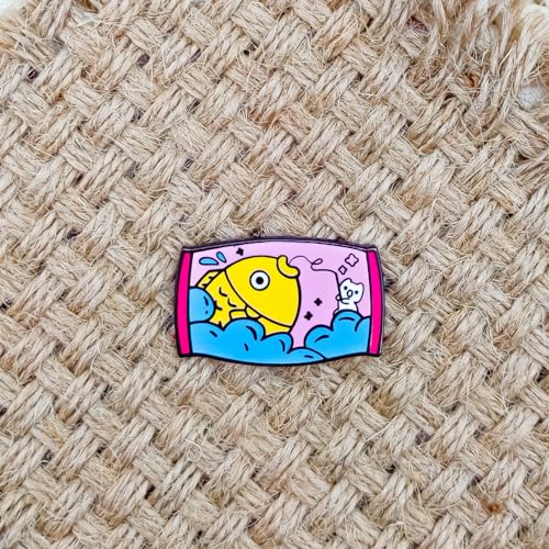Image of Cute Kitten Catches A Big Fish Pin - Fun Series | Premium Enamel Pin - Statement Lapel Pin - Plated Badge for Clothing, Bags, Hats, Jackets, and Lanyards