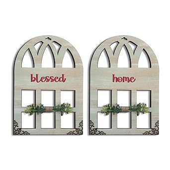 Chalk My Theme 3D Laser Cut Letters Blessed Home Wall D?cor in Window Style with Leaves Wooden Wall or Door Decor for Home, Living Room, Bedroom, Balcony or Any Favorite Place Rustic Set of 2