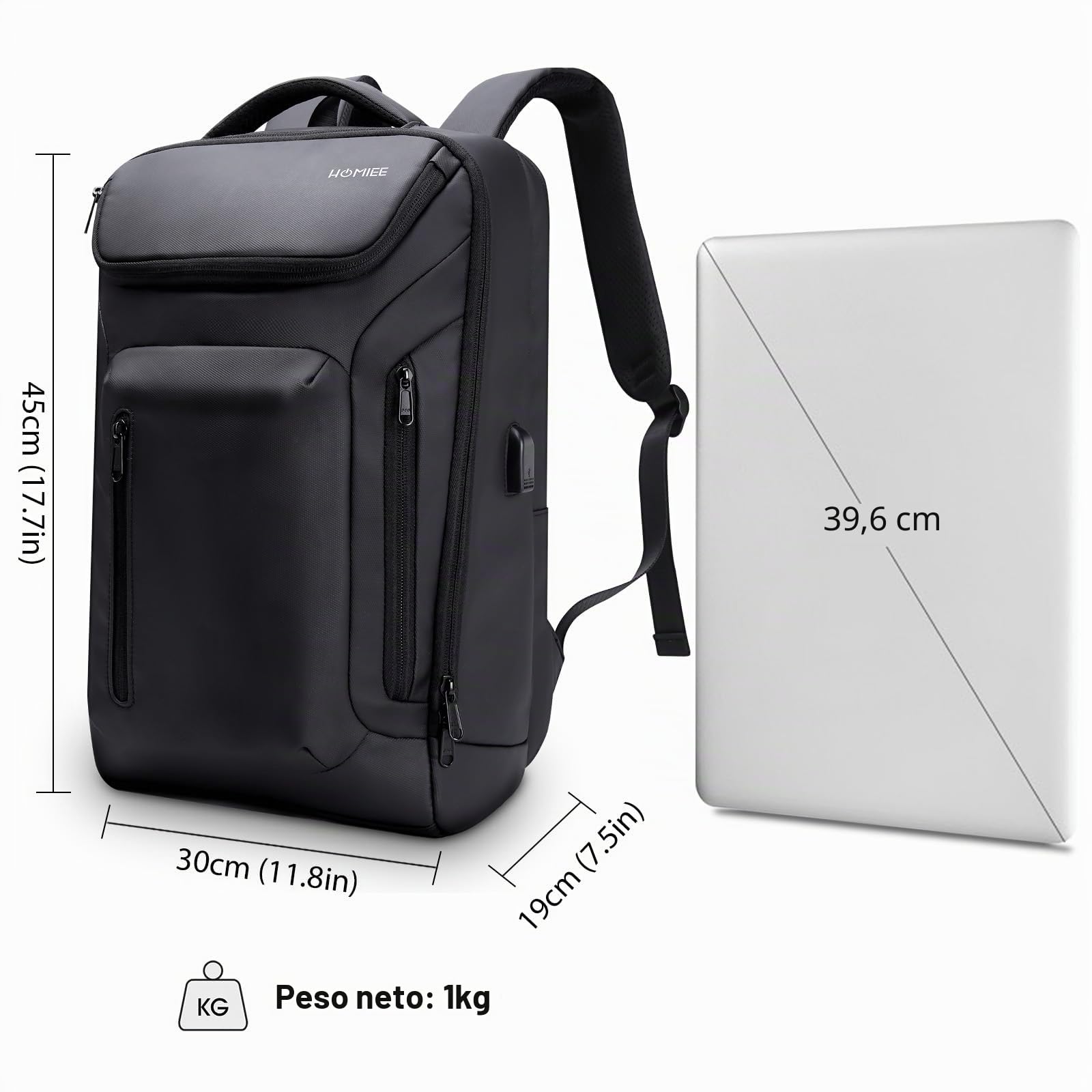 HOMIEE Mochila Ordenador Portátil de 15.6/17 Pulgadas Mochila Trabajo Viaje Escolar Equipaje de Mano Mochilas Cabina Avion Impermeable Mochilas para Portatil Hombres Mujeres