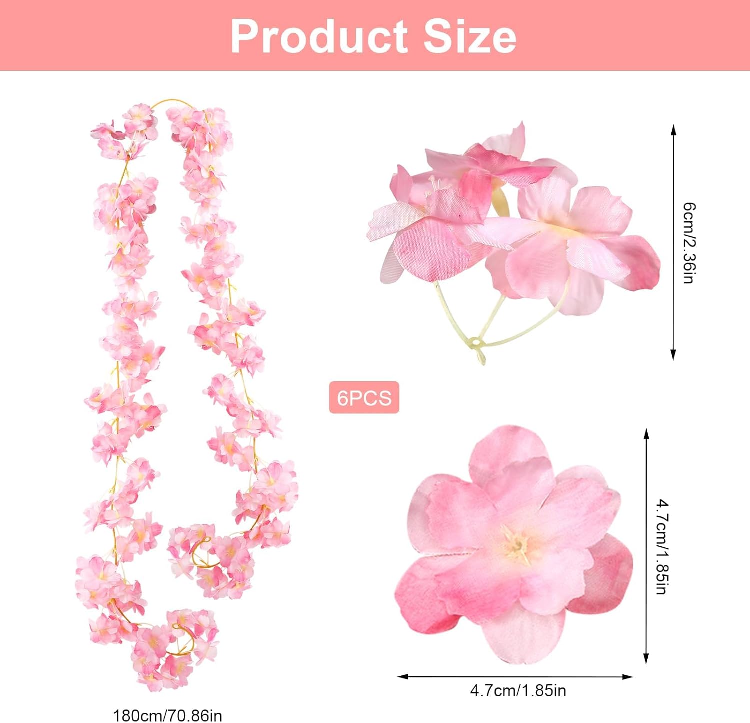 Pack of 6 Cherry Blossom Decoration, 1.8 m Artificial Flowers, Hanging Flower Wall, Artificial Silk, Cherry Blossom Hanging Vine Silk Flowers Decor, Cherry Blossom Garland for Wedding, Party, Home,