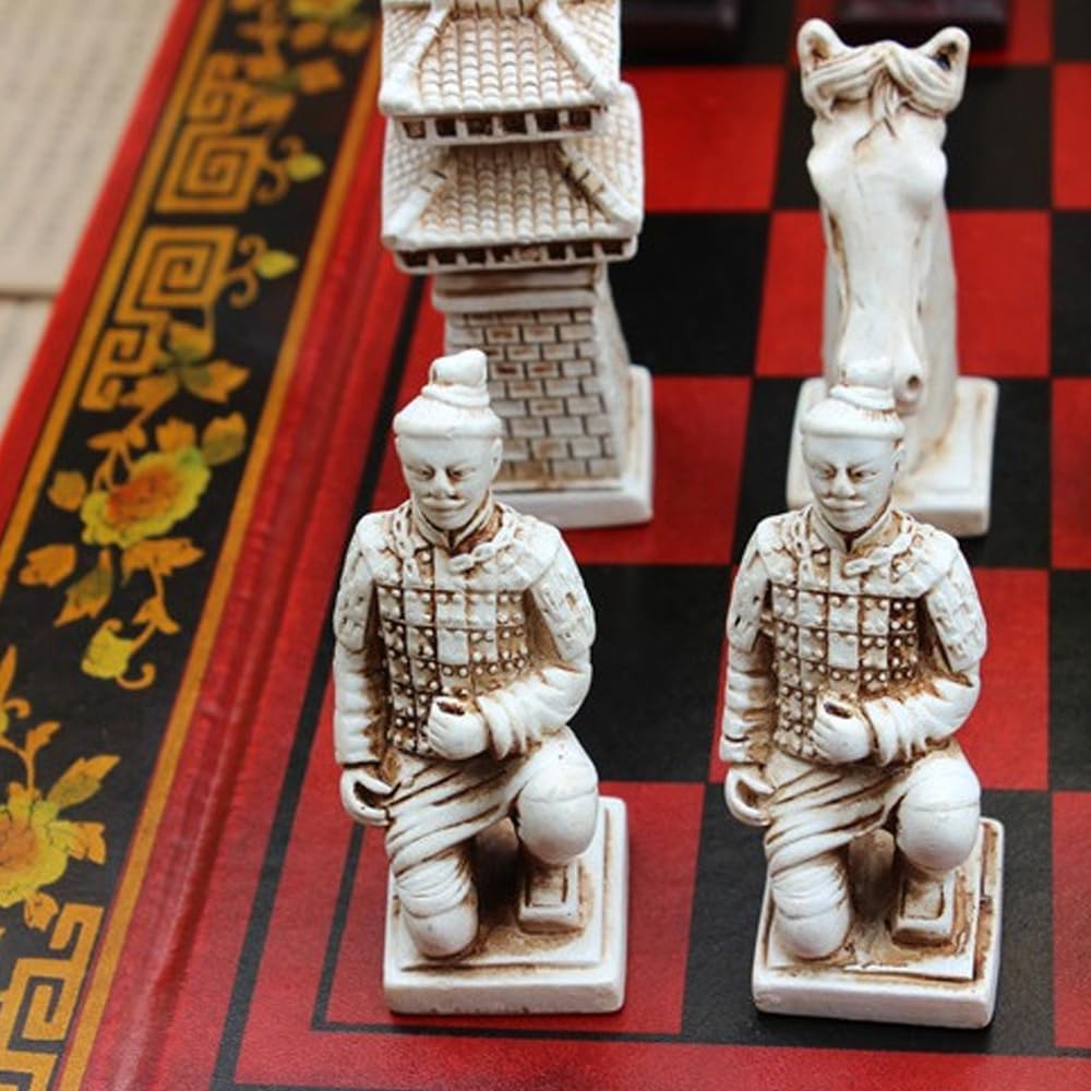Set di Scacchi retrò guerrieri di Terracotta, Gioco da Tavolo Classico per Famiglie Realizzato a Mano con Scacchiera e Scatola di immagazzinaggio (26 cm)