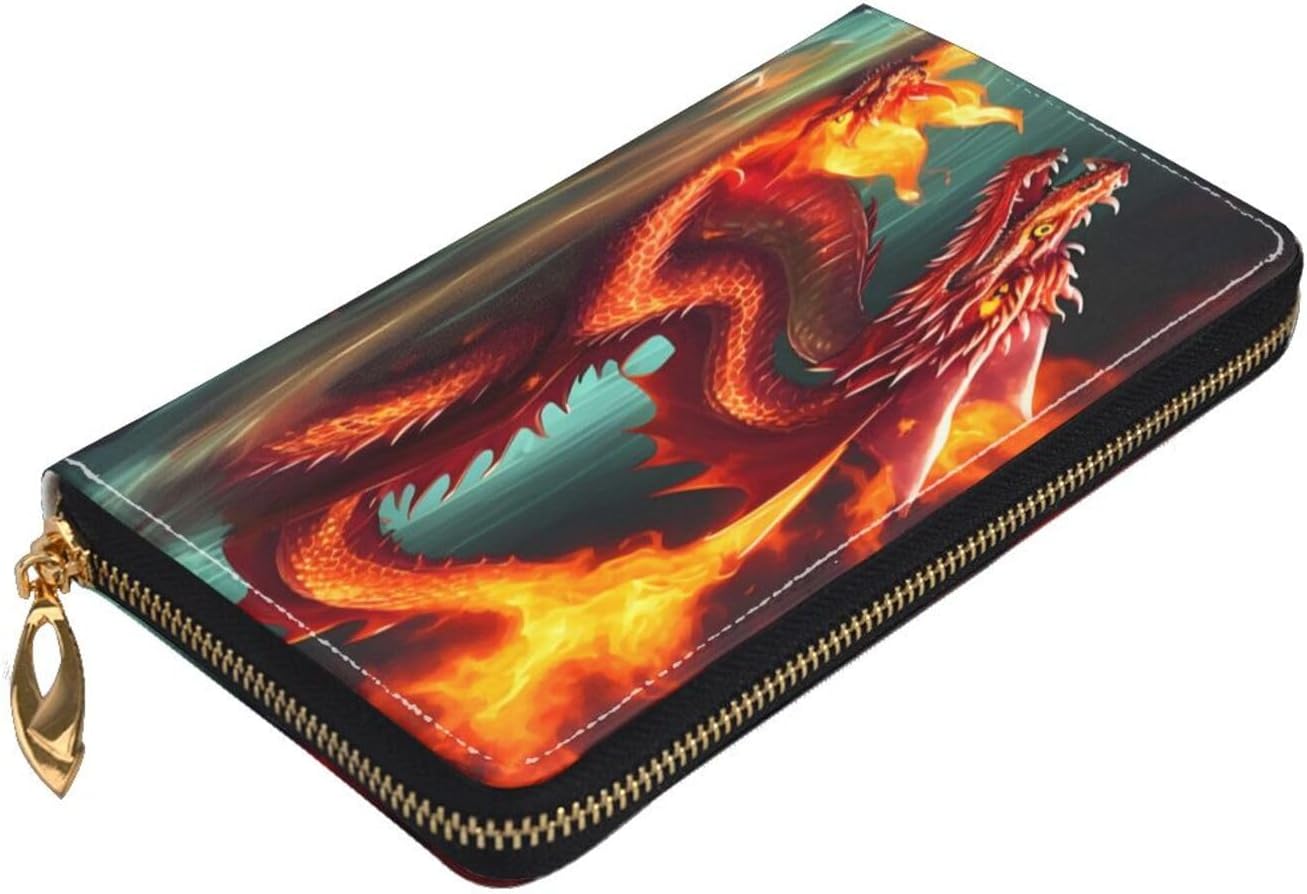 Dragon King in Fire Long Zip Around Wallet for Women, Large Capacity RFID Leather Wristlet Wallet with 12 Card Slots Coin Purse, Fashion Clutch Purse with Wrist Strap