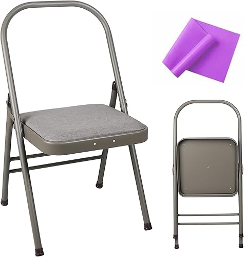 Yoga Auxiliary Chair Foldable Backless Yoga Chair with Purple Yoga Resistance Band for Abs & Core, Flexibility and Strength Training and Back Pain