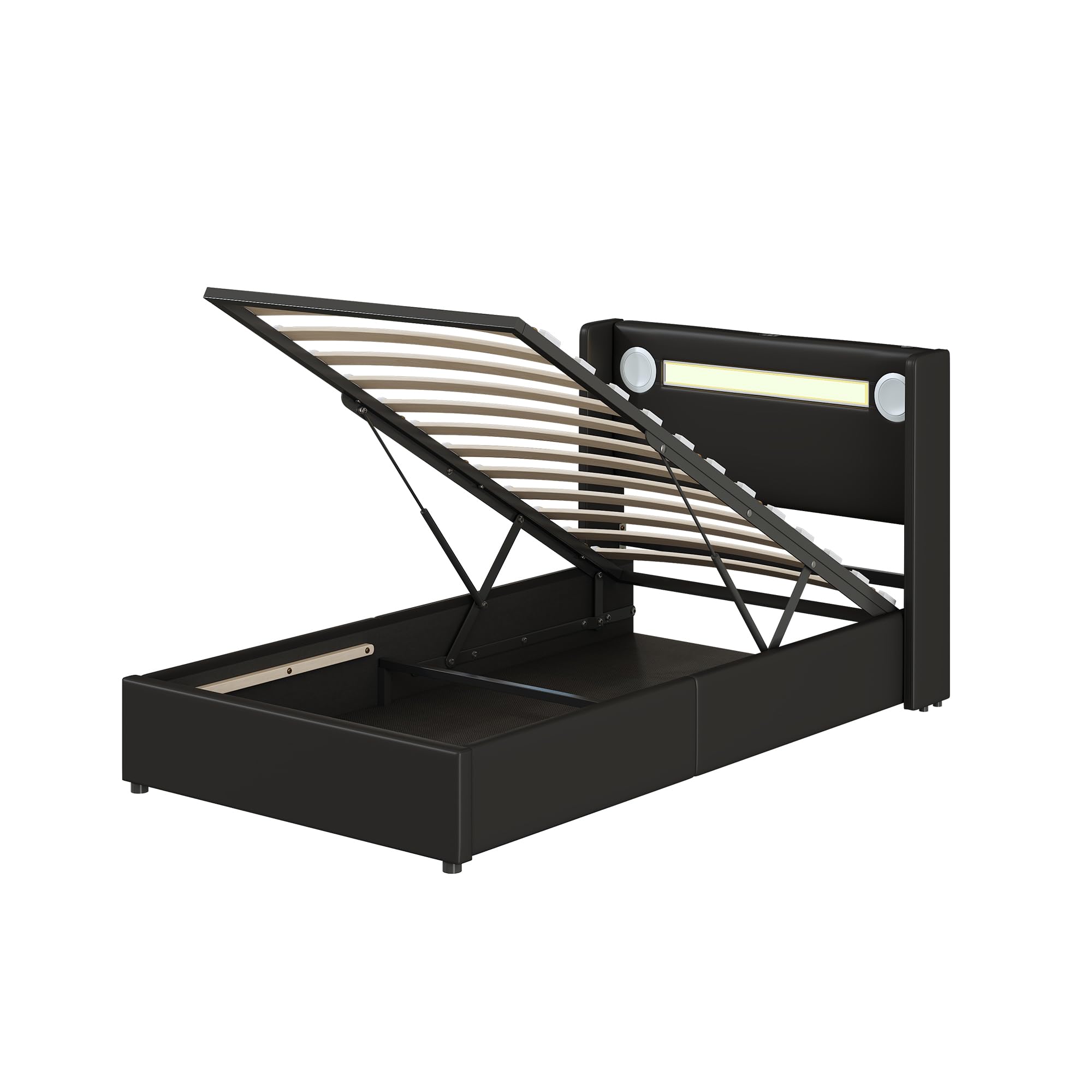 Merax Cama tapizada de 90 x 200 cm con tiras de luz LED, espacio de almacenamiento cama con reproductor Bluetooth y carga USB, para jóvenes, adultos, piel sintética negra (sin colchón)