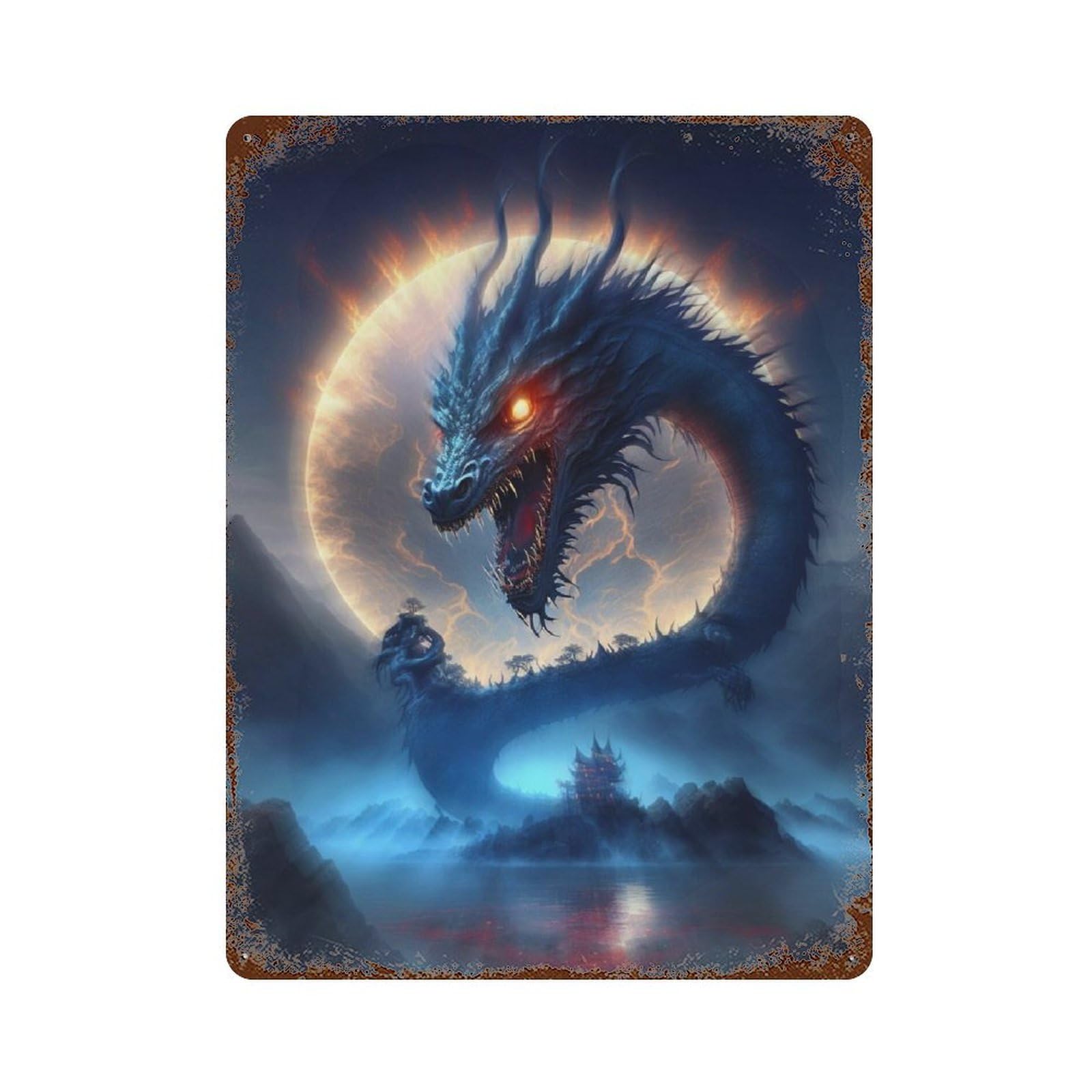 Vintage Rust Metal Sign Dragon Moon Fantasy Art Print 15.7"x11.8", Vintage Wall Decor for Office, Studio And Wall Decor
