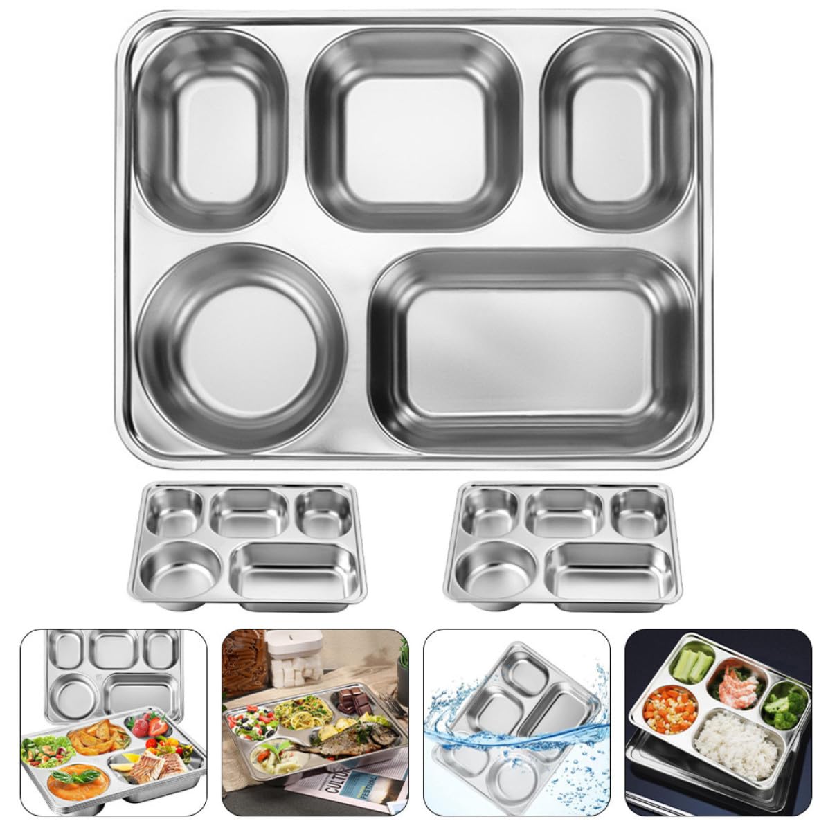 NUOBESTY Plateaux Repas Compartimentés Faciles à Nettoyer et Résistantes Lot de 3 en Acier Inoxydable Argenté, Assiettes Rectangulaires pour Camping et Usage Domestique