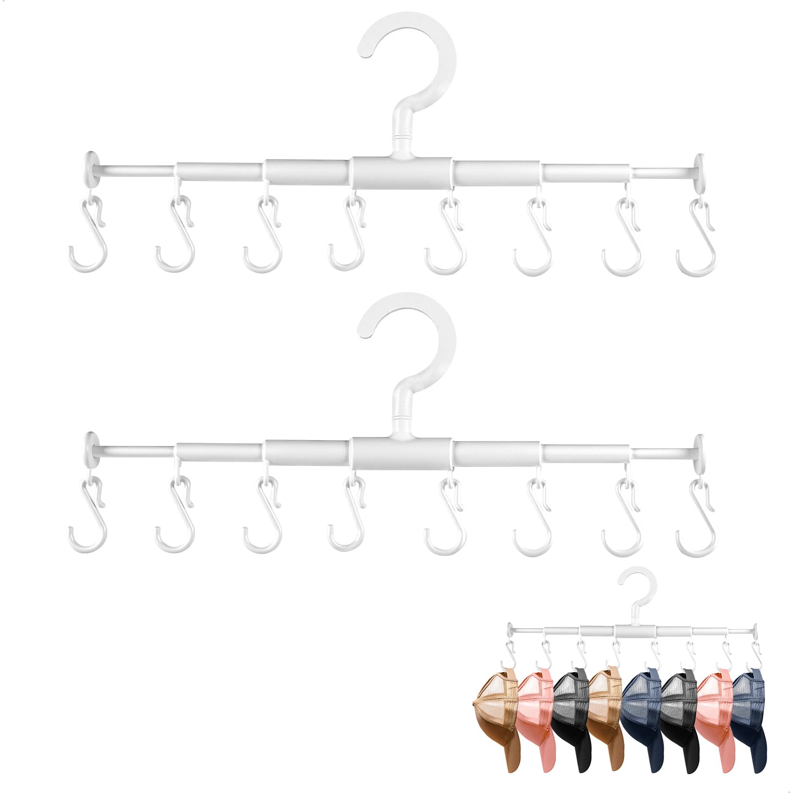 Porta Cappelli, Appendi Cappelli da Parete, Porta Cappello da Armadio Estensibile, Espositore Cappello con 8 Ganci, Hat Organizer per Appendere Portacappelli, Cravatte, Sciarpe, Guanti, Portatile, 2 P