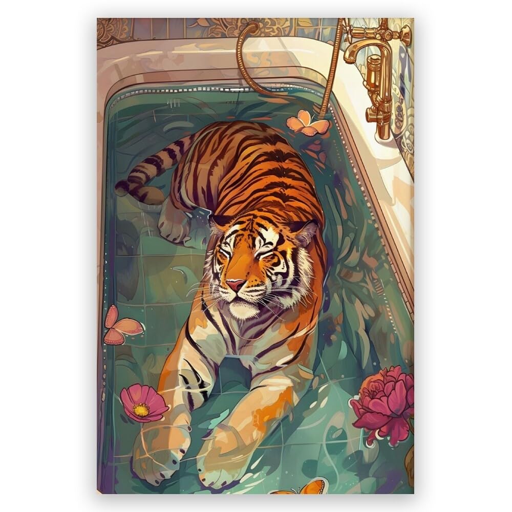 Poster Su Tela Con Tigre Nella Vasca Da Bagno - Decorazione Artistica Botanica Tropicale Per Bagno, 30x38 Cm, Pronto Da Appendere