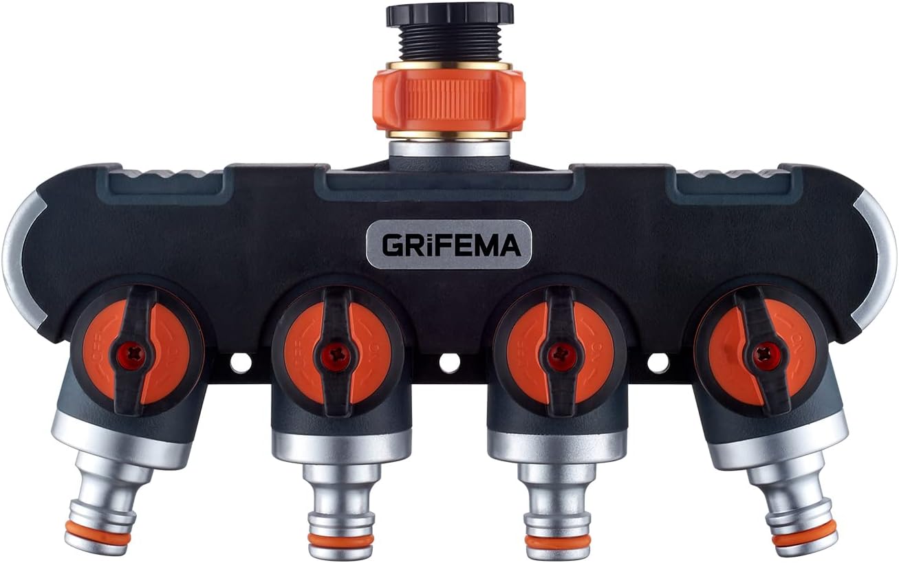 GRIFEMA GE1401-4 Garden Hose Splitter 4 Way, Double Tap Distributor, 3/4" and 1/2" Tap, Orange / Black