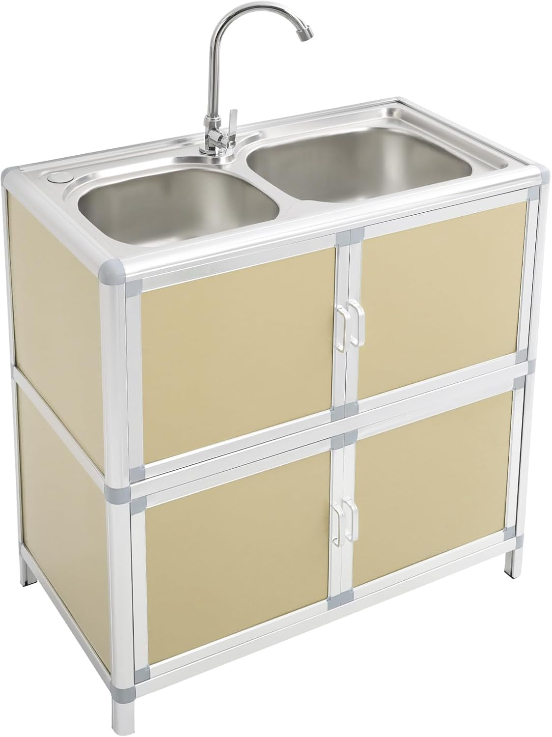 Laundry Sink Cabinet with Cold Water Faucet Stainless Steel, 29.5X16.5X31.5'' Large Utility Sink Cabinet for Laundry/Utility Room, Double-basin Kitchen Sink w/Cabinet Combo (Gold)