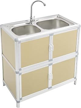Laundry Sink Cabinet with Cold Water Faucet Stainless Steel, 29.5X16.5X31.5 Large Utility Sink Cabinet for Laundry/Utility Room, Double-basin Kitchen Sink w/Cabinet Combo Gold