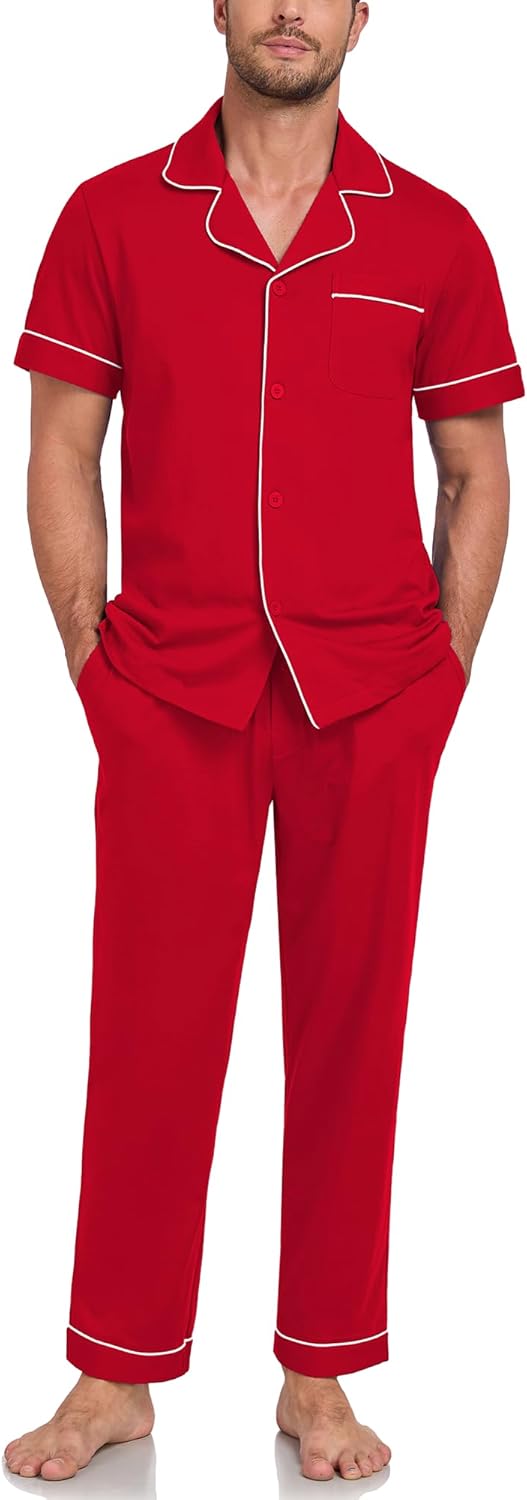MAYFISH Mens Pajamas Set 100% Cotton Men's Short Sleeve Long Pants Sleepwear Soft Loungewear Button Down 2 Pieces Pjs Set