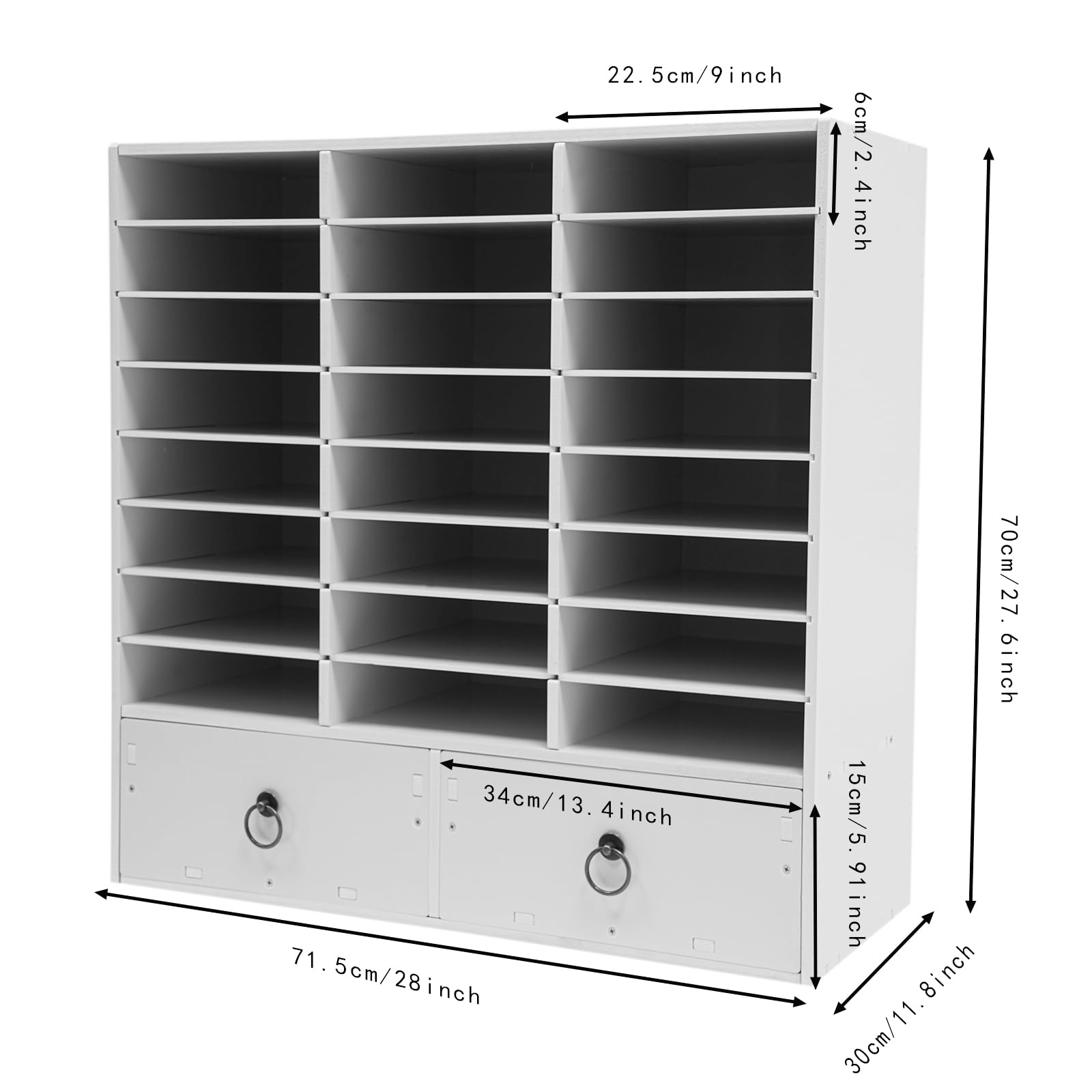 24 scomparti per ufficio con 2 cassetti, formato A4, portariviste in carta, 71,5 x 30 x 70 cm (bianco)