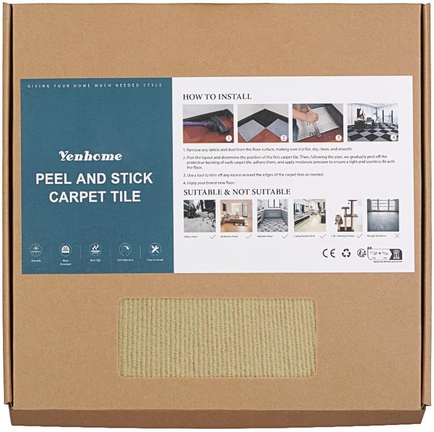 Yenhome Peel and Stick Carpet Squares, Carpet Tiles Peel and Stick 12"X12" 30 Tile Carpet Squares, PET Fiber, Self Adhesive Non slip Carpet Tiles, Soft Padded Carpet Tiles for Basement Indoor Flooring