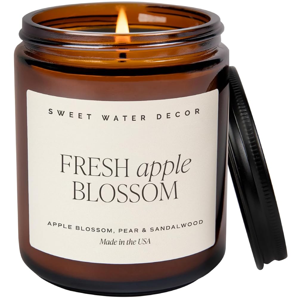 Sweet Water Decor Fresh Apple Blossom Soy Candle | Apple, Ambrosia Peach, Citrus, and Pineapple Scented Candles for Home | 9oz Amber Jar + Black Lid, 40+ Hour Burn Time, Made in The USA