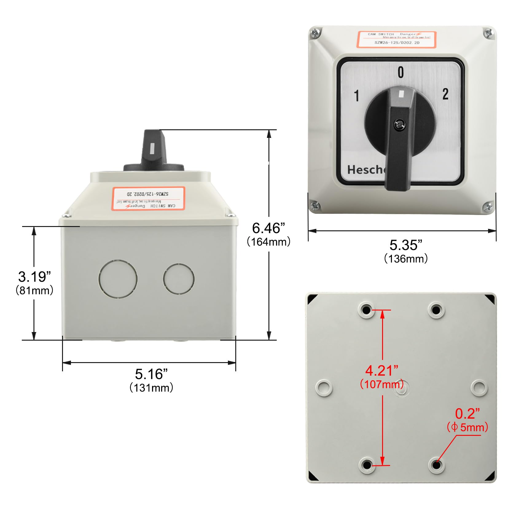 Interruttore Selettore A Camme Rotativo SZW26-125/D202.2D – 3 Posizioni ON-OFF-ON, 125A 660V Con Scatola Esterna