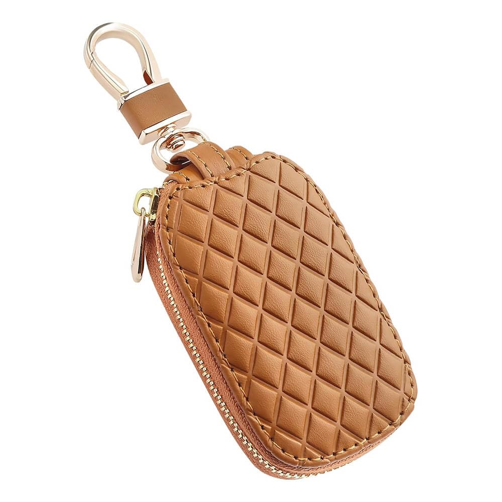 Unisex Mens Womens Premium Checkered Pattern Leather Car Key Holder Bag Keychain Case Wallet with Zipper Closure-image-10