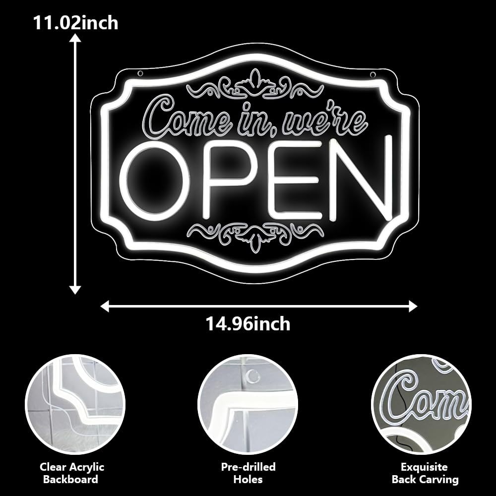 Insegna al Neon Open per aziende, interruttore bianco dimmerabile insegne aperte a LED, insegne al neon We are Open per negozi bar salone hotel vetrina ristorante caffè (bianco, 15'' x 11'')