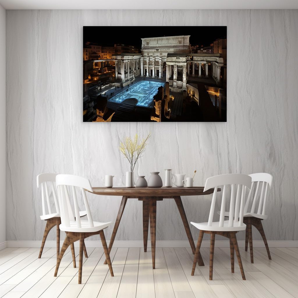 Canvas for Living room. Moonlit Majesty at Teatro Marcello � An Illuminated Roman Legacy Against the Night Sky, 27 x 18 inch Canvas Wall Art - Contemporary Masterpieces - Modern Home Decor